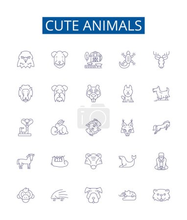 Illustration for Cute animals line icons signs set. Design collection of Furry, Kittens, Pups, Fluffy, Puppy, Cuddly, Bear, Bunny outline vector concept illustrations - Royalty Free Image