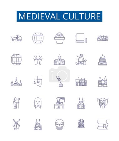 Illustration for Medieval culture line icons signs set. Design collection of Knights, Chivalry, Feudalism, Monarchy, Heraldry, Castles, Courts, Religion outline vector concept illustrations - Royalty Free Image