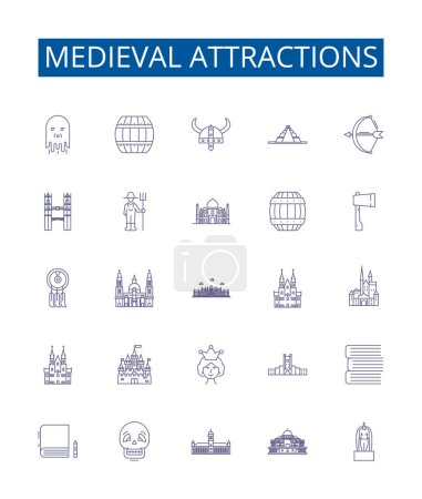 Illustration for Medieval attractions line icons signs set. Design collection of Castles, Dungeons, Weapons, Armor, Cathedrals, Monasteries, Forts, Siege outline vector concept illustrations - Royalty Free Image