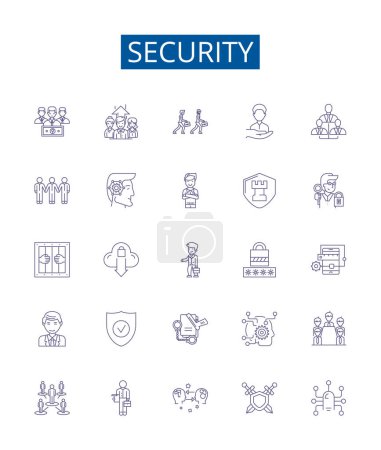 Illustration for Security line icons signs set. Design collection of Secure, Safeguard, Protect, Fortify, Defend, Shield, Lockdown, Guard outline vector concept illustrations - Royalty Free Image