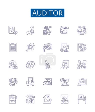 Illustration for Auditor line icons signs set. Design collection of Auditor, Assessor, Examiner, Inspector, Analyzer, Reviewer, Checker, Evaluator outline vector concept illustrations - Royalty Free Image
