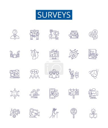 Illustration for Surveys line icons signs set. Design collection of Survey, Polls, Questionnaires, Samples, Surveying, Research, Data, Studies outline vector concept illustrations - Royalty Free Image