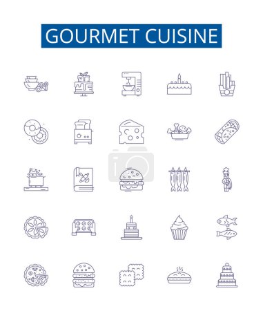 Illustration for Gourmet cuisine line icons signs set. Design collection of Gourmet, cuisine, haute, food, fine, dining, epicurean, French outline vector concept illustrations - Royalty Free Image