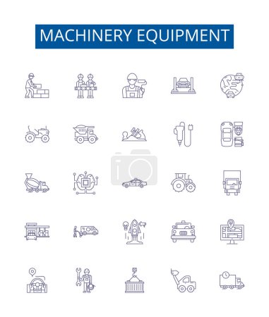 Machinery equipment line icons signs set. Design collection of Machinery, Equipment, Tools, Gears, Motors, Parts, Drives, Controls outline vector concept illustrations