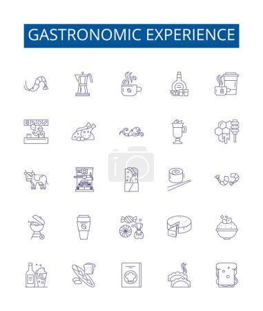 Illustration for Gastronomic experience line icons signs set. Design collection of Cuisine, Epicurean, Delightful, Palatable, Savory, Tasty, Flavorful, Exquisite outline vector concept illustrations - Royalty Free Image