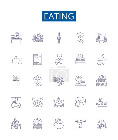 Illustration for Eating line icons signs set. Design collection of Munching, Scoffing, Chewing, Binging, Nourishing, Nibbling, Bolting, Savouring outline vector concept illustrations - Royalty Free Image