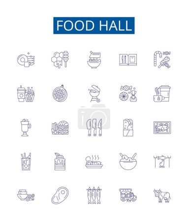 Illustration for Food hall line icons signs set. Design collection of Cafeteria, Delicatessen, Restaurant, Bistro, Eatery, Stall, Cuisine, Deli outline vector concept illustrations - Royalty Free Image