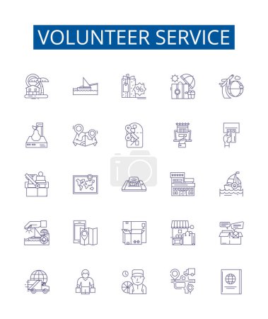 Illustration for Volunteer service line icons signs set. Design collection of Volunteering, Service, Helping, Donating, participating, aiding, assisting, sharing outline vector concept illustrations - Royalty Free Image