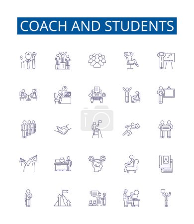 Illustration for Coach and students line icons signs set. Design collection of Coach, Students, Mentor, Educator, Guide, Pupil, Teacher, Tutor outline vector concept illustrations - Royalty Free Image