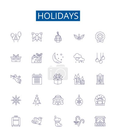 Illustration for Holidays line icons signs set. Design collection of Vacation, Festive, Trip, Break, Celebratory, Restful, Fun, Joyful outline vector concept illustrations - Royalty Free Image