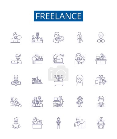 Illustration for Freelance line icons signs set. Design collection of Freelancer, Contractor, Outsourcing, Remote, Autonomous, Self employed, Gig, Casual outline vector concept illustrations - Royalty Free Image