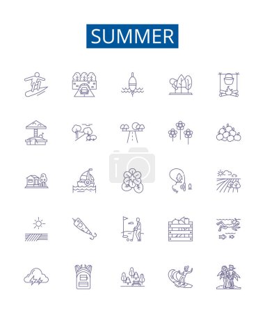 Illustration for Summer line icons signs set. Design collection of Sun, Heat, Vacation, Pool, Beach, BBQ, Insects, Citrus outline vector concept illustrations - Royalty Free Image