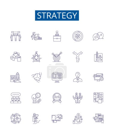 Illustration for Strategy line icons signs set. Design collection of Planning, Method, Tactics, Scheme, Design, Goal, Intention, Aim outline vector concept illustrations - Royalty Free Image