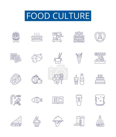 Illustration for Food culture line icons signs set. Design collection of Cuisine, Gourmet, Gastronomy, Dishware, Recipes, Etiquette, Banquet, Dietary outline vector concept illustrations - Royalty Free Image