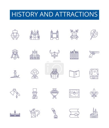 Illustration for History and attractions line icons signs set. Design collection of History, Attractions, Heritage, Landmarks, Preservation, Sightseeing, Tours, Monuments outline vector concept illustrations - Royalty Free Image