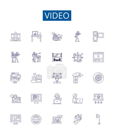 Illustration for Video line icons signs set. Design collection of Movie, Clip, Film, Stream, YouTube, Broadcast, Recording, Broadcasted outline vector concept illustrations - Royalty Free Image