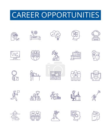 Illustration for Career opportunities line icons signs set. Design collection of Opportunities, Career, Jobs, Professions, Employment, Advancement, Development, Aspirations outline vector concept illustrations - Royalty Free Image
