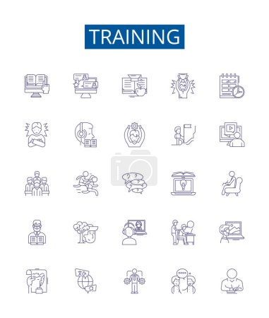 Illustration for Training line icons signs set. Design collection of Education, Coaching, Tuition, Learning, Drilling, Instruction, Tutoring, Exercise outline vector concept illustrations - Royalty Free Image