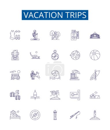 Ilustración de Viajes de vacaciones línea iconos signos establecidos. Diseño de la colección de vacaciones, Excursiones, Viajes, Escapadas, Retiros, Turismo, Viajes, Ilustraciones concepto de vectores esquema itinerante - Imagen libre de derechos