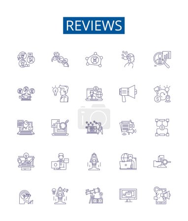 Illustration for Reviews line icons signs set. Design collection of Reviews, Comment, Feedback, Analysis, Evaluate, Judge, Perception, Appraise outline vector concept illustrations - Royalty Free Image