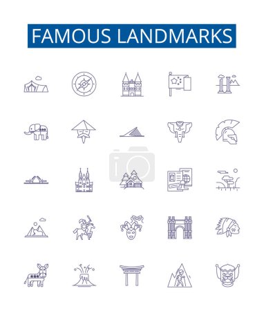 Illustration for Famous landmarks line icons signs set. Design collection of Monument, Tower, Citadel, Palace, Ruins, Castle, Temple, Pyramid outline vector concept illustrations - Royalty Free Image