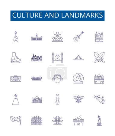 Illustration for Culture and landmarks line icons signs set. Design collection of tradition, heritage, architecture, sculpture, monuments, art, ritual, folklore outline vector concept illustrations - Royalty Free Image