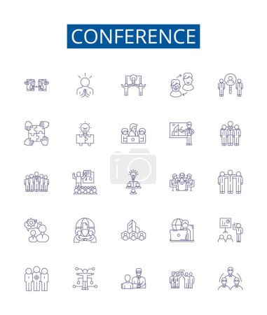 Illustration for Conference line icons signs set. Design collection of Conclave, Forum, Summit, Dialogue, Symposium, Assembly, Rally, Caucus outline vector concept illustrations - Royalty Free Image