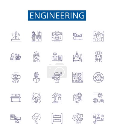 Illustration for Engineering line icons signs set. Design collection of Engineering, Technology, Design, Manufacturing, Construction, Electronics, Mechanics, Science outline vector concept illustrations - Royalty Free Image