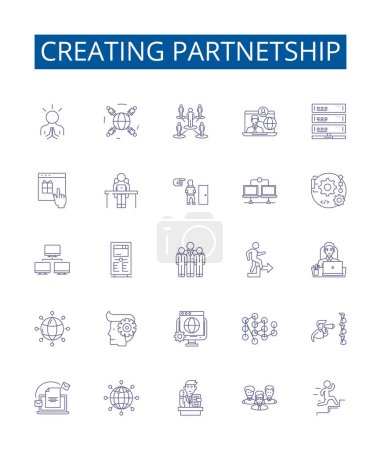 Illustration for Creating partnetship line icons signs set. Design collection of Partnership, Collaborate, Alliance, Affinity, Syndicate, Amalgamate, Merging, Uniting outline vector concept illustrations - Royalty Free Image