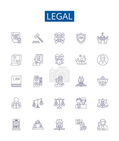 Legal Line Symbole Zeichen gesetzt. Designsammlung von rechtmäßigen, gerechten, legitimen, gültigen, verbindlichen, zulässigen, zulässigen, rechtmäßigen Abbildungen von Vektorkonzepten