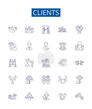 Illustration for Clients line icons signs set. Design collection of Customers, Patrons, Consumers, Clients, Buyers, Prospects, Subscribers, Cliques outline vector concept illustrations - Royalty Free Image