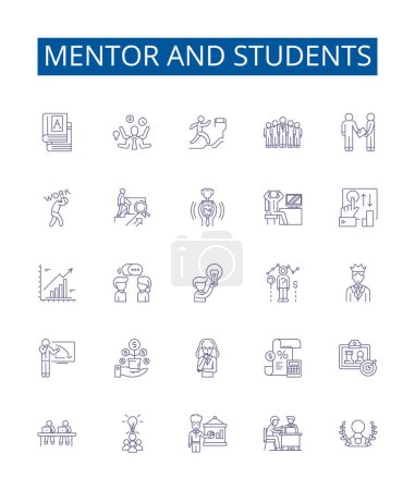 Illustration for Mentor and students line icons signs set. Design collection of Mentor, Students, Guidance, Teaching, Support, Learning, Experience, Training outline vector concept illustrations - Royalty Free Image