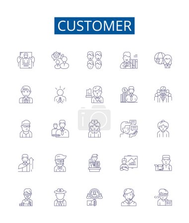 Illustration for Customer line icons signs set. Design collection of Client, Patron, Purchaser, Consumer, Buyer, Subscriber, User, Guest outline vector concept illustrations - Royalty Free Image