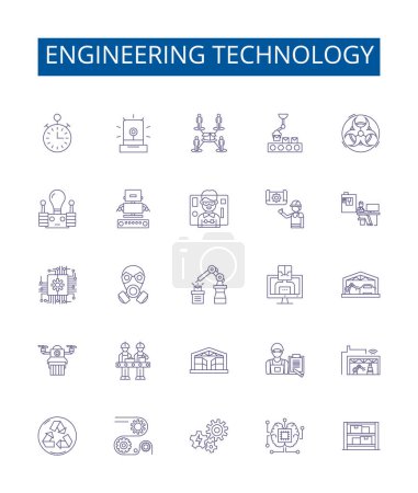 Illustration for Engineering technology line icons signs set. Design collection of Engineering, Technology, Design, Fabrication, Construction, Automation, Robotics, Simulation outline vector concept illustrations - Royalty Free Image