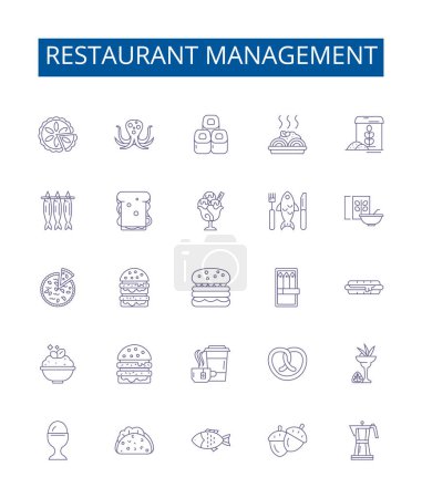 Ilustración de Línea de gestión de restaurantes iconos letreros establecidos. Diseño de la colección de Comedor, Menú, Comida, Personal, Pedidos, Costos, Contabilidad, Esquema de seguridad concepto vectorial ilustraciones - Imagen libre de derechos