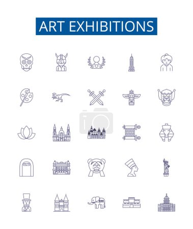 Illustration for Art exhibitions line icons signs set. Design collection of Exhibitions, Art, Paintings, Sculptures, Galleries, Installations, Creativity, Displays outline vector concept illustrations - Royalty Free Image