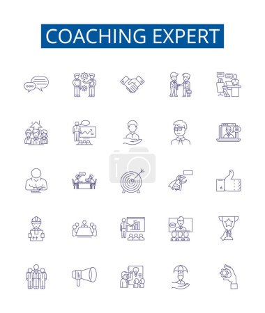 Illustration for Coaching expert line icons signs set. Design collection of Mentor, Advisor, Guide, Tutor, Consultant, Facilitator, Instructor, Teacher outline vector concept illustrations - Royalty Free Image