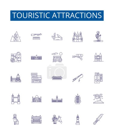 Illustration for Touristic attractions line icons signs set. Design collection of Attractions, Tourism, Sites, Sightseeing, Vacations, Places, Views, Excursions outline vector concept illustrations - Royalty Free Image