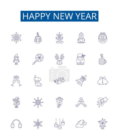 Illustration for Happy new year line icons signs set. Design collection of Glad, Joyous, Cheerful, Merry, Festive, Blessing, Jubilant, Optimistic outline vector concept illustrations - Royalty Free Image