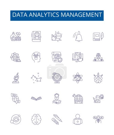 Illustration for Data analytics management line icons signs set. Design collection of Data, Analytics, Management, Automation, Discovery, Mining, Reporting, Analysis outline vector concept illustrations - Royalty Free Image