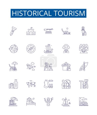 Illustration for Historical tourism line icons signs set. Design collection of Heritage, cultural, antiquities, monuments, ruins, sites, Landmarks, ancient outline vector concept illustrations - Royalty Free Image