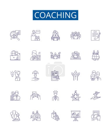 Illustration for Coaching line icons signs set. Design collection of Mentoring, Guiding, Educating, Advising, Instructing, Counselling, Directing, Motivating outline vector concept illustrations - Royalty Free Image
