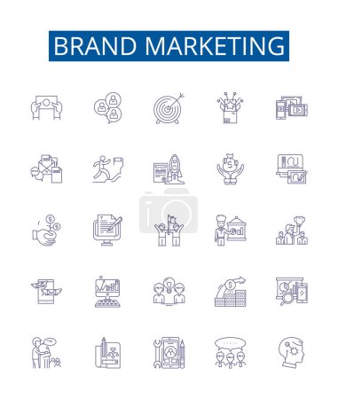 Illustration for Brand marketing line icons signs set. Design collection of Branding, Advertising, Promotion, Targeting, Positioning, Reach, Positioning, Visibility outline vector concept illustrations - Royalty Free Image
