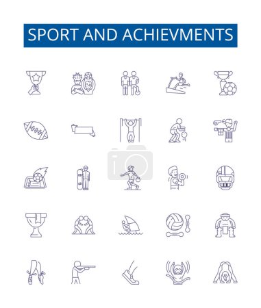 Illustration for Sport and achievments line icons signs set. Design collection of Sports, Achievements, Victory, Accomplishment, Record, Medal, Trophy, Excellence outline vector concept illustrations - Royalty Free Image