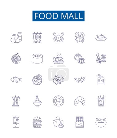 Illustration for Food mall line icons signs set. Design collection of Eatery, Gastronomy, Canteen, Cuisine, Gourmand, Bistro, Galley, Foodcourt outline vector concept illustrations - Royalty Free Image