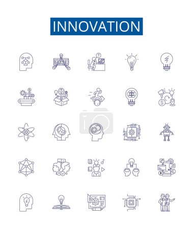 Línea de innovación iconos signos establecidos. Diseño de la colección de Innovar, Novela, Crear, Avanzar, Pionero, Avance, Fresco, Nuevo esquema ilustraciones concepto vectorial
