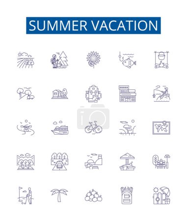 Ilustración de Verano línea de vacaciones iconos letreros conjunto. Diseño de la colección de vacaciones, vacaciones, sol, playa, diversión, calor, barbacoa, esquemas de viaje vector concepto ilustraciones - Imagen libre de derechos
