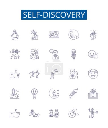 Illustration for Self-discovery line icons signs set. Design collection of Exploration, Introspection, Growth, Perception, Understanding, Awareness, Identification, Self Reflection outline vector concept illustrations - Royalty Free Image