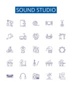 Sound studio line icons signs set. Design collection of Recording, Mixing, Music, Soundstage, Microphone, Producer, Audio, Broadcast outline vector concept illustrations Poster #646286478