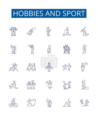 Hobbies and sport line icons signs set. Design collection of sport, hobbies, hiking, running, yoga, swimming, cycling, fishing outline vector concept illustrations